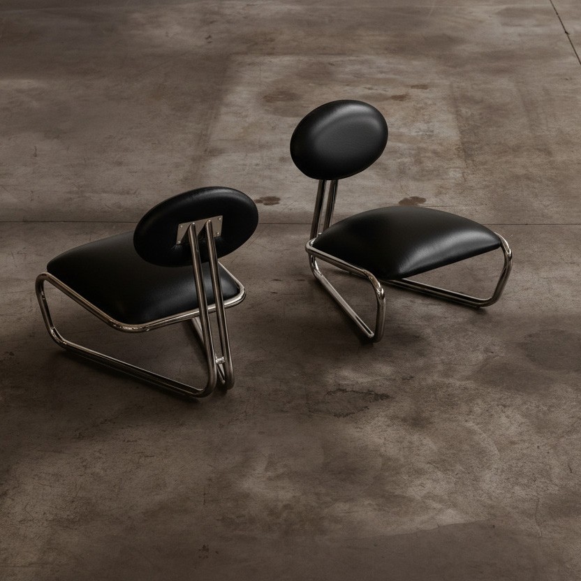 Modernist Lounge Chairs, Black Leather, 1970s, Set of 2, 1970