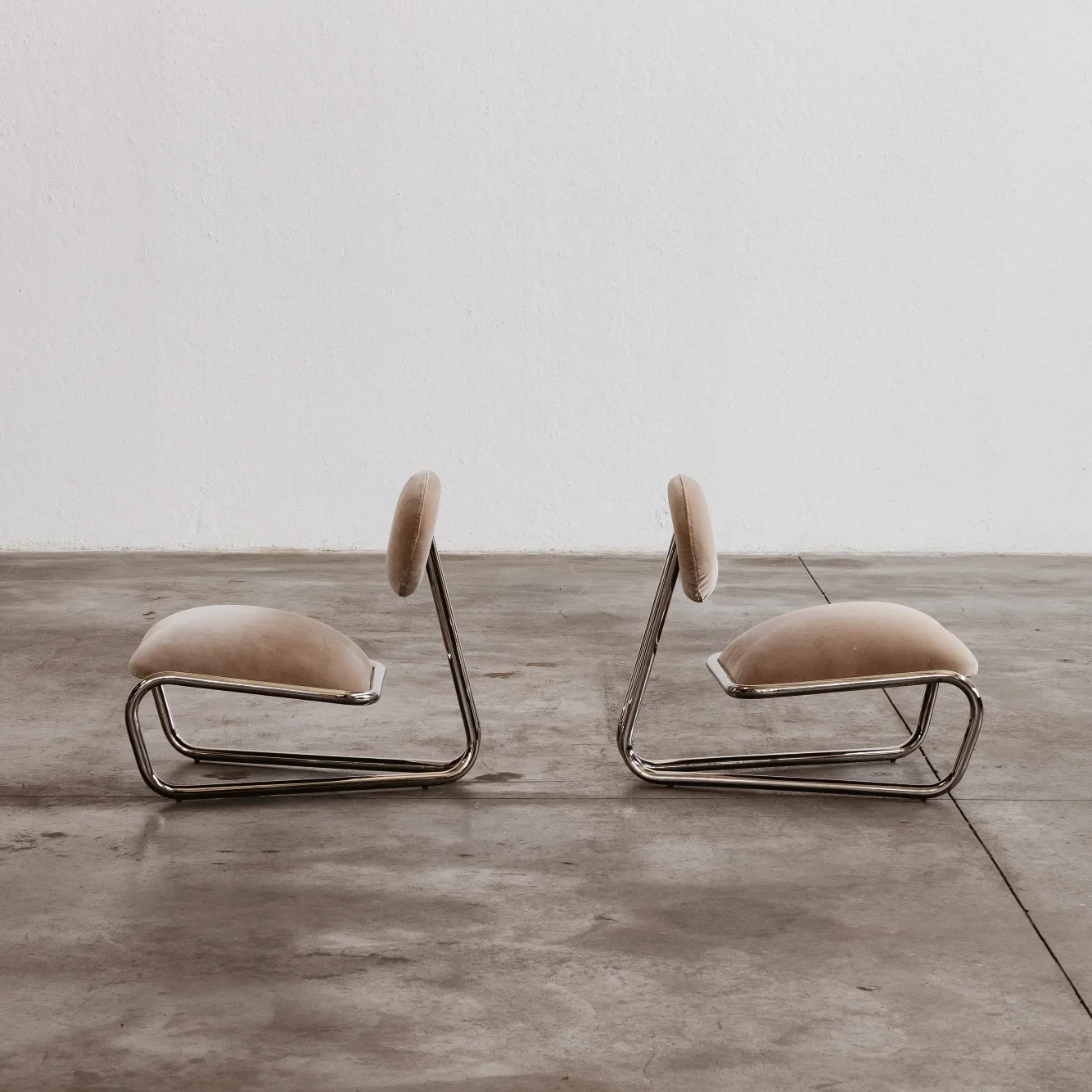 Modernist Lounge Chairs, Camel Velvet, 1970s, Set of 2, 1970