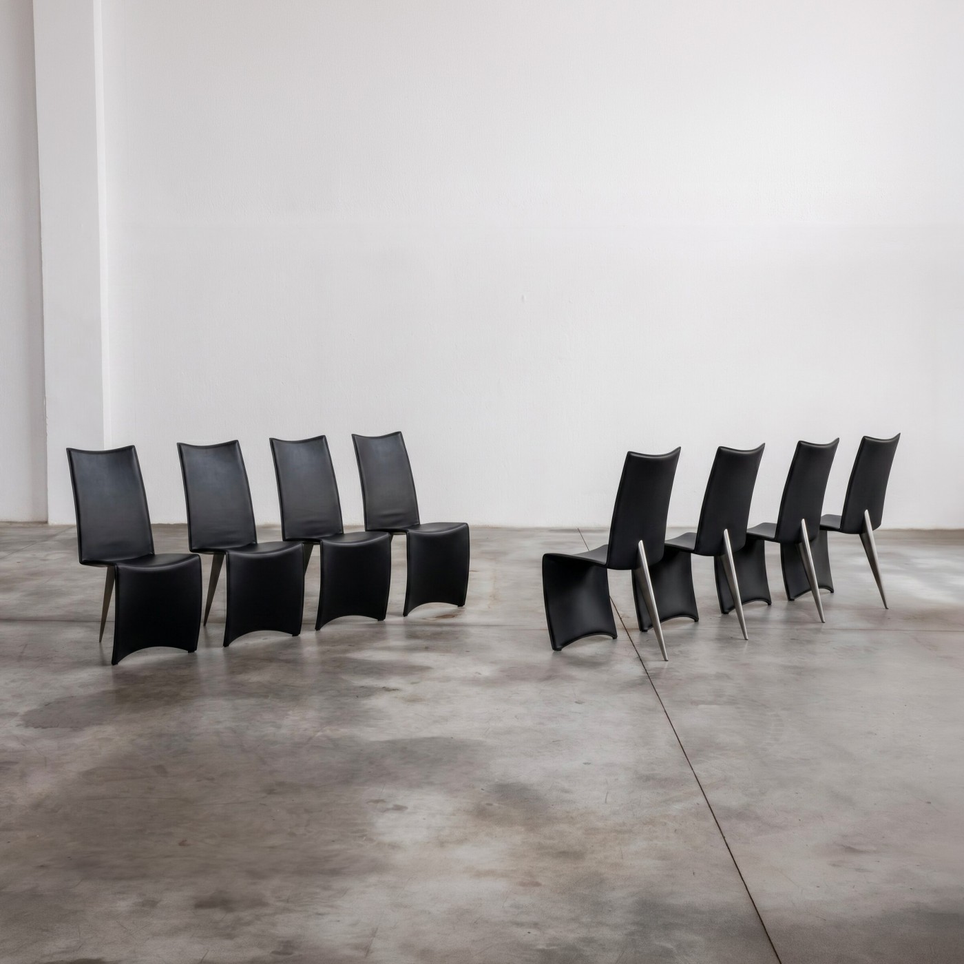 Philippe Starck "Ed Archer" Dining Chair for Driade, 1986, Black Leather, Set of 8, 1986