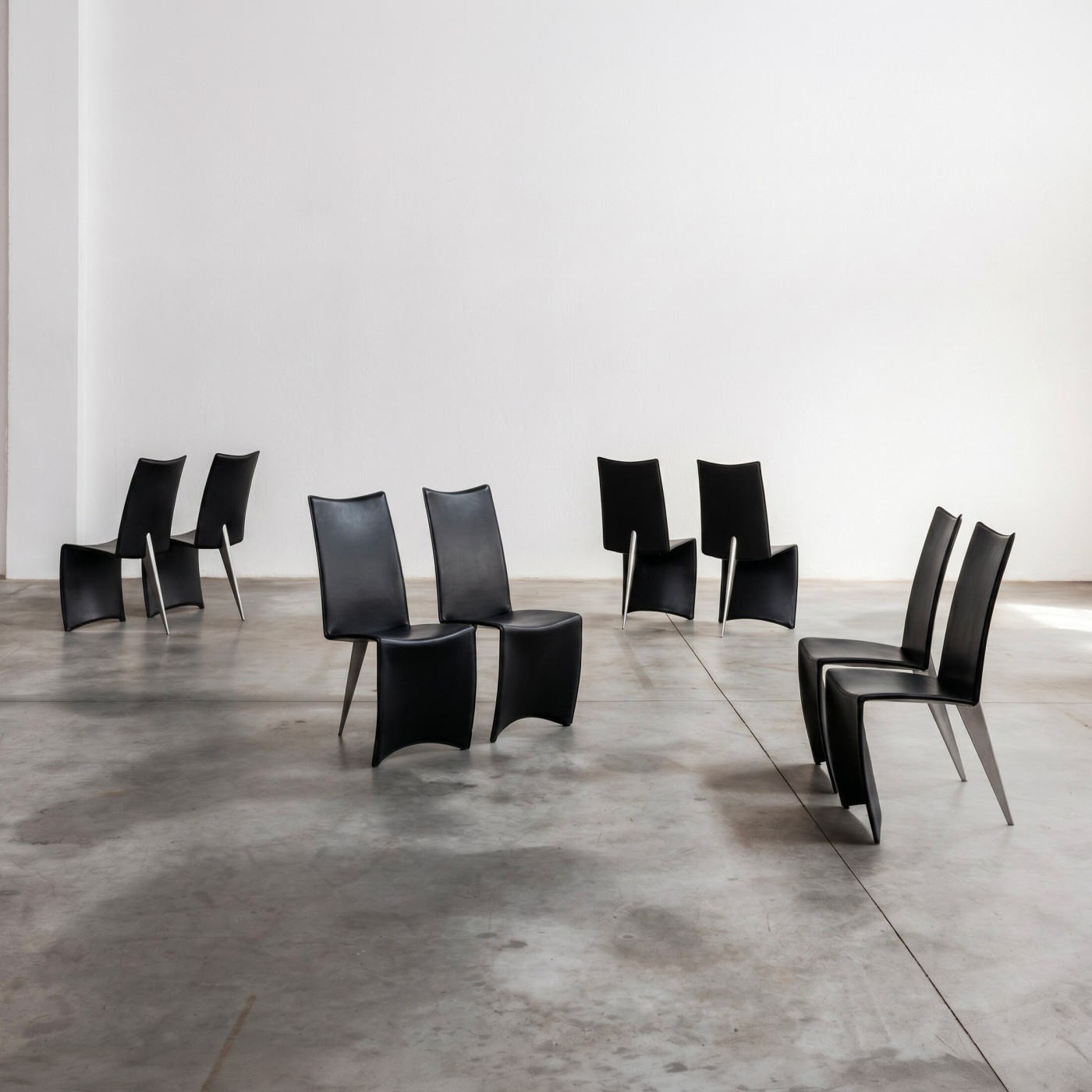 Philippe Starck "Ed Archer" Dining Chair for Driade, 1986, Black Leather, Set of 8, 1986