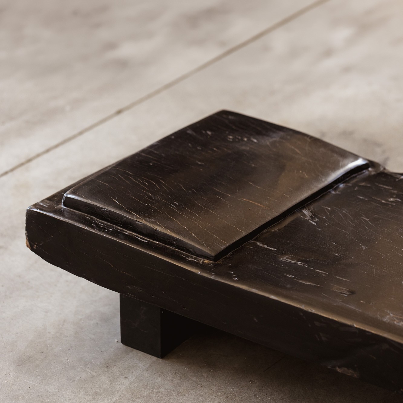 Sculptural Monolithic Black-Stained Wood Banquette, France, 1960s, 1960s