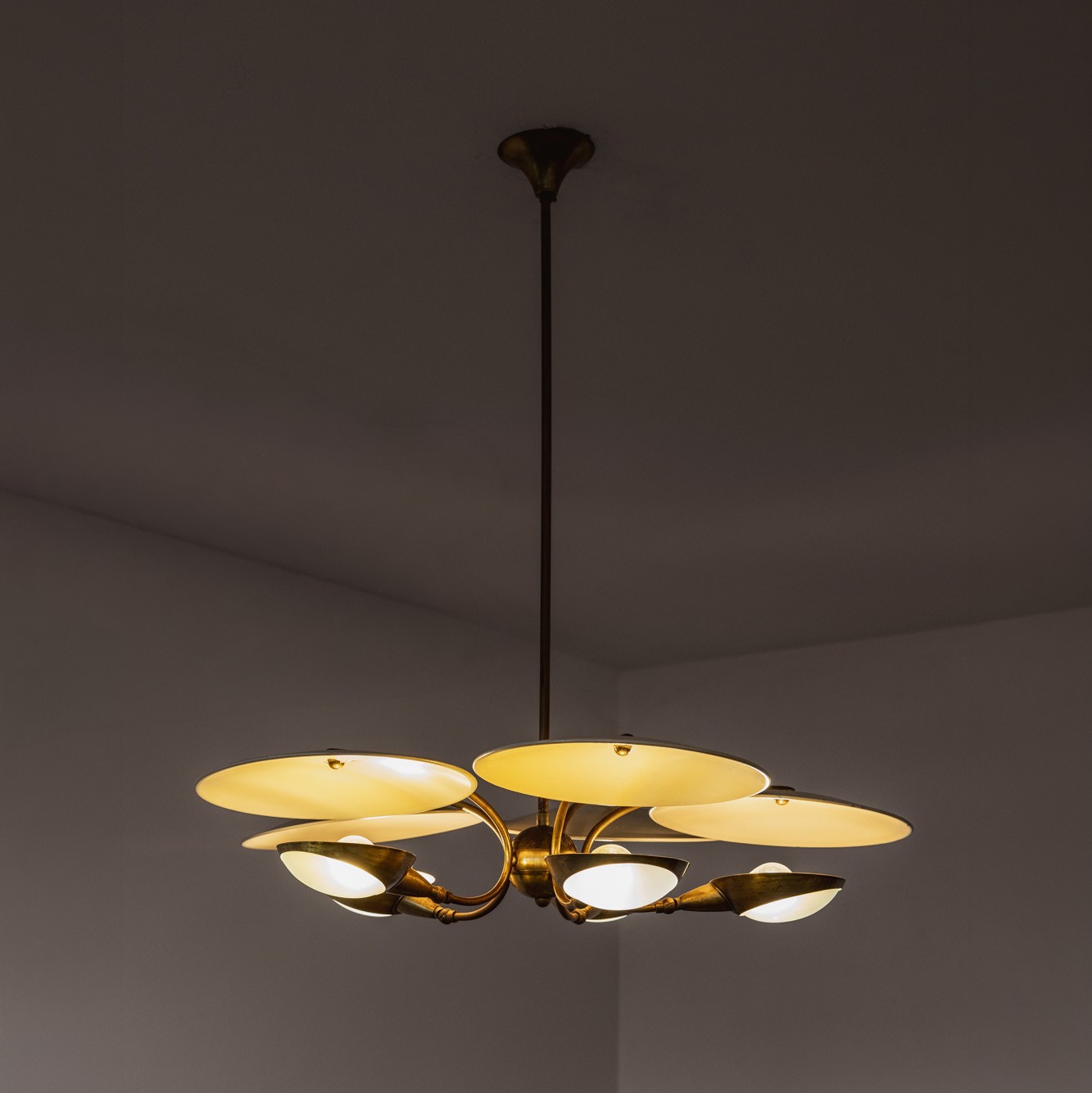 Stilnovo Brass and Opaline Glass Chandelier, 1960s, 1960s