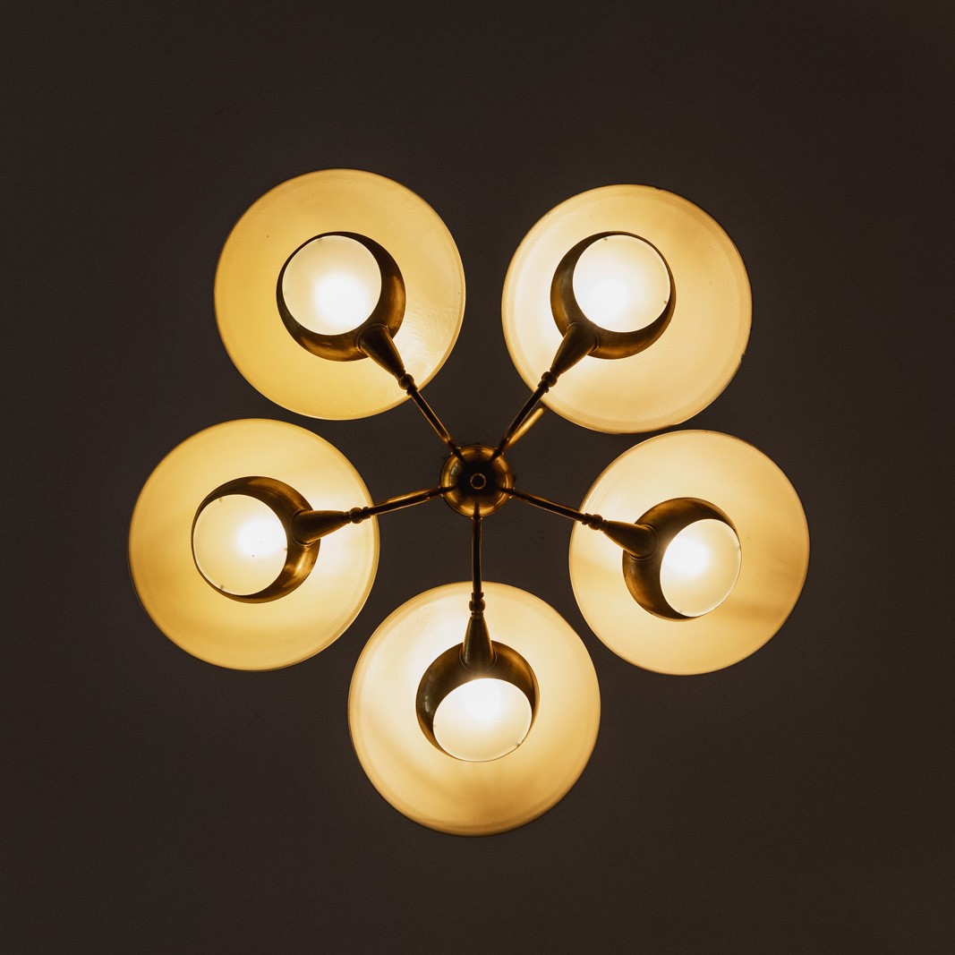 Stilnovo Brass and Opaline Glass Chandelier, 1960s, 1960s
