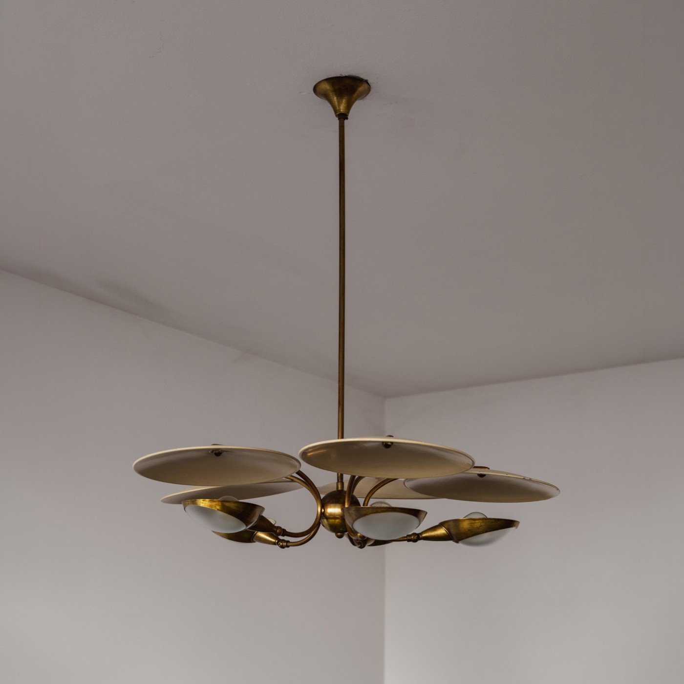 Stilnovo Brass and Opaline Glass Chandelier, 1960s, 1960s