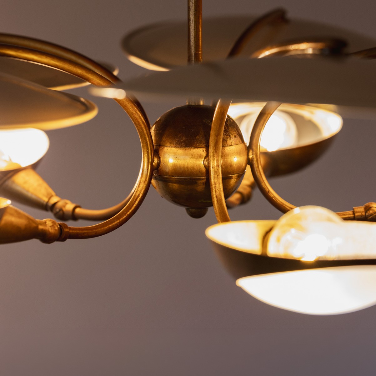 Stilnovo Brass and Opaline Glass Chandelier, 1960s, 1960s