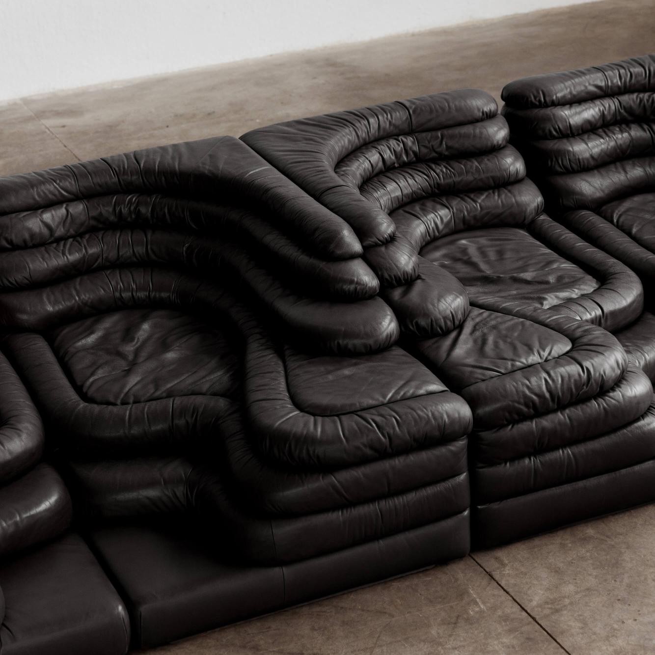 Ubald Klug DS-1025 "Terrazza" Sofa for De Sede, Black Leather, 1974, Set of 4, 1974