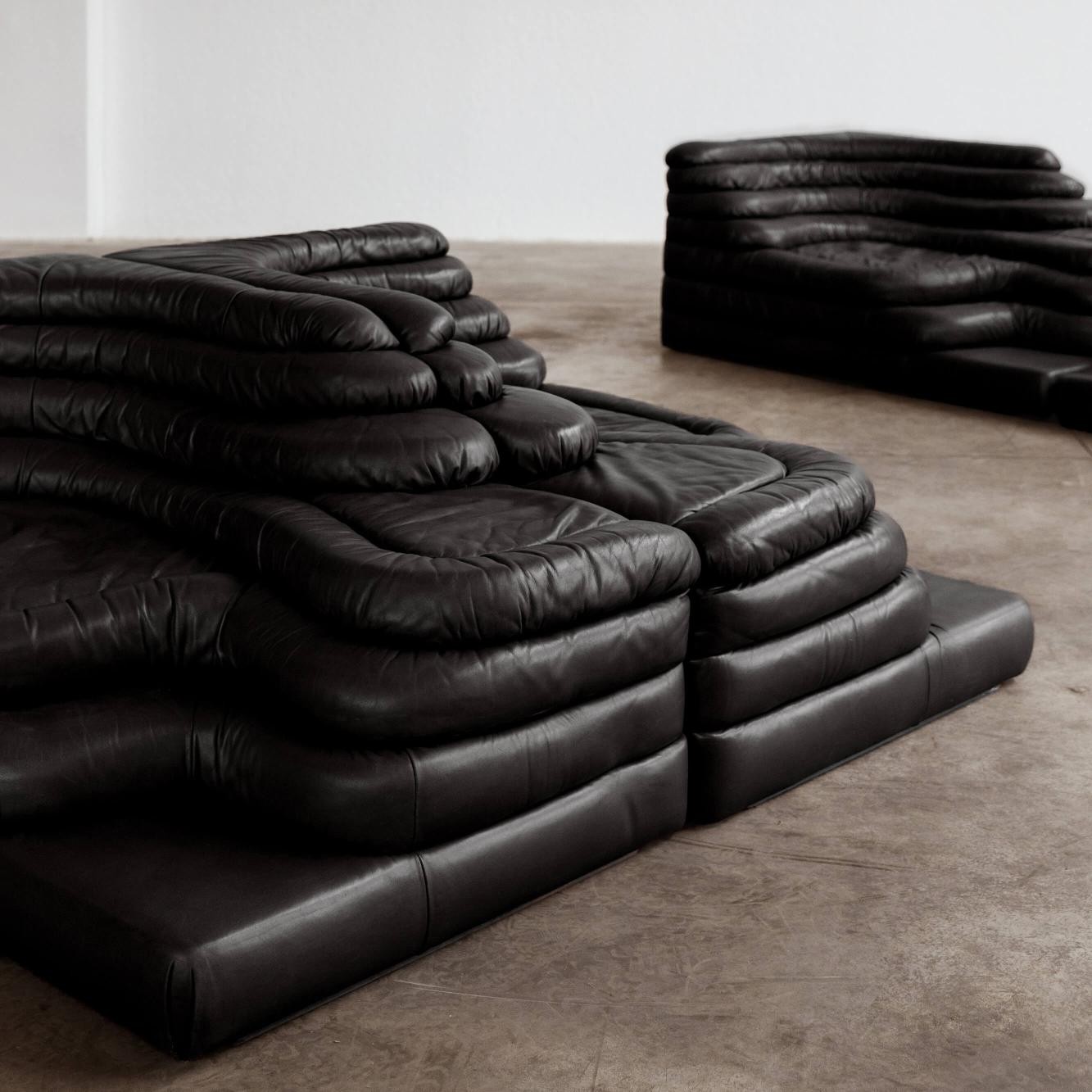 Ubald Klug DS-1025 "Terrazza" Sofa for De Sede, Black Leather, 1974, Set of 4, 1974
