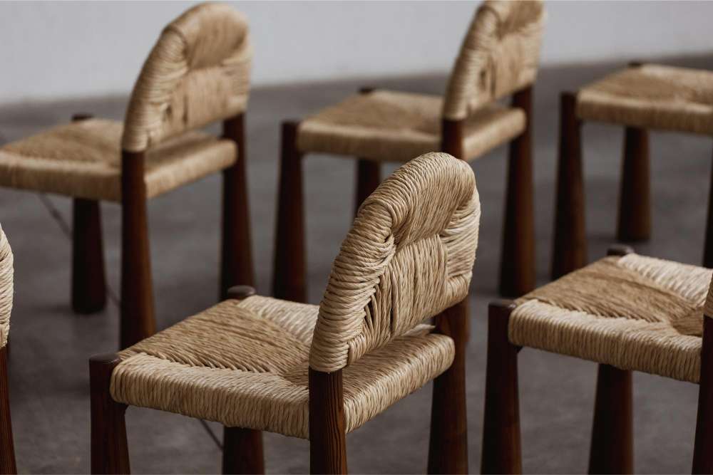 Alessandro Becchi “Toscanolla” dining chairs for Giovannetti, brown ashwood and straw, Italy, 1970.